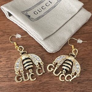 GUCCI Gold & Black Bee GG Crystal Dangle Earrings (New Never Worn)